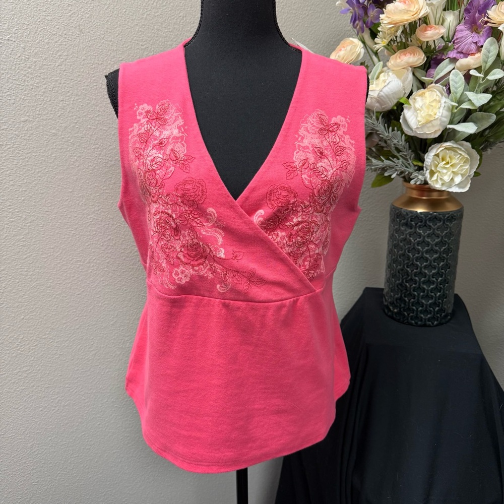 NWT Croft & Barrow Pink Embroidered Floral Sleeveless Wrap Tank Top PXL Stretch - Picture 1 of 9